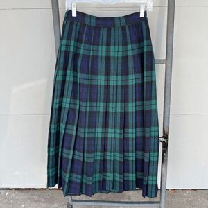Vintage Charter Club Green & Blue Plaid Wool Pleated Midi Skirt Size 8